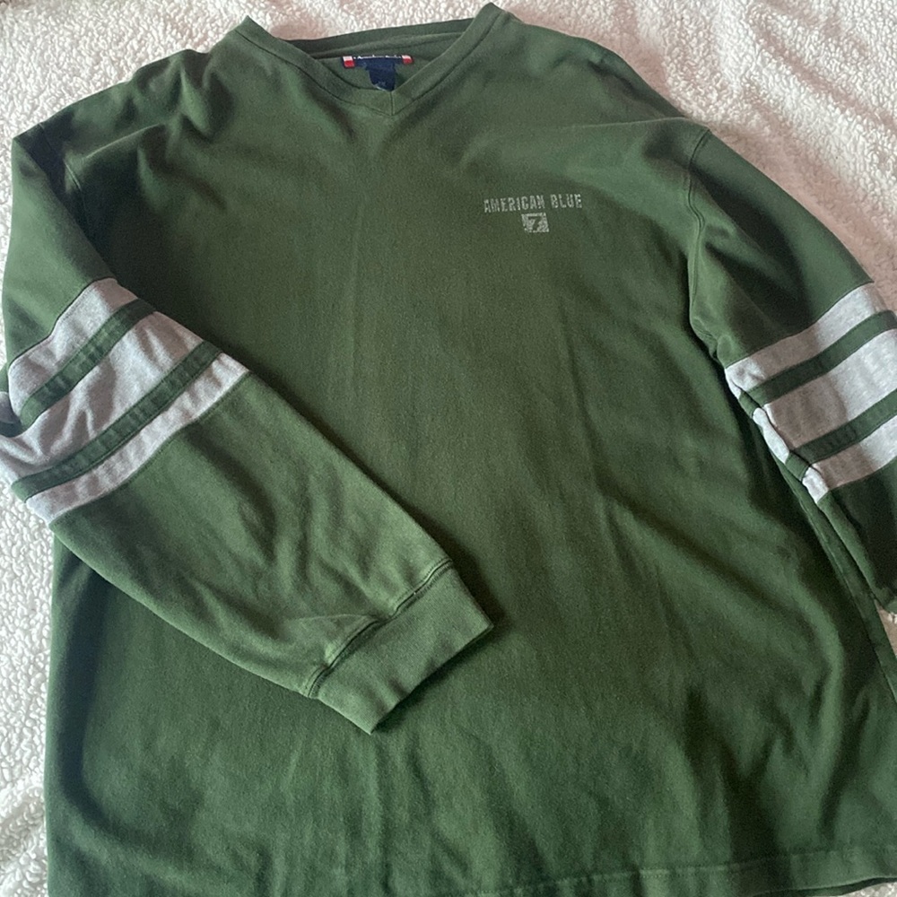 American Blue Shirt Mens XXL Green Long Sleeve Pullover V Neck Sports Active